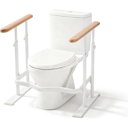 Toilet Safety Rails for Seniors - Toilet Safety Frame with Dual Pillars, Waterproof Nighttime Reflective Base, 3-Speed Height Adjustment (White, Double Pillar)