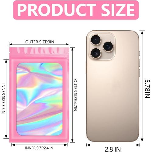Funfery 100 pcs Pink Mylar Holographic Bags Packaging Bags,Clear Seal Resealable Smell Proof Bag Foil Pouch Bag for Food Storage and Lipgloss,Jewelry,Eyelash Packaging for Small Business(3x4.7In)