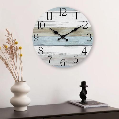 HYLANDA Wall Clock, 14 Inch Wall Clocks Battery Operated Silent Non Ticking, Large Wooden Clocks Decorative for Kitchen, Bathroom, Bedroom, Living Room Blue White