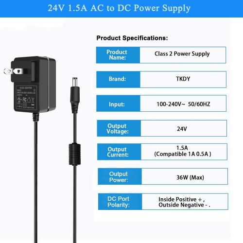TKDY 24V 1.5A DC Power Supply Cord, fit for DC 24V 1.5A 1A 0.5A LED Light Strip, 24 Volt Light Diffuser, and More, 100-240V 50/60hz 36W 24W Power Adapter with 5 Tips (Not for Charging).