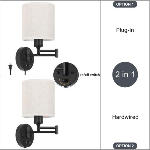 Set of 2 CADUKE Plug in Wall Light Set of 2, Swing Arm Wall Lamps, Modern Bedroom Wall Sconce Fixtures with Linen Lampshade for Reading Hallway Living Room