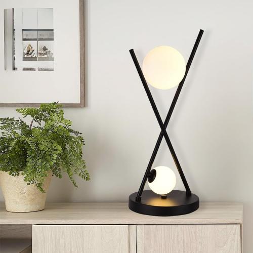 Modern Black X-Shaped Table Lamp 2-Lights Globe Glass Beside Lamp Nordic Metal 3 Color Temperatures Desk Lamp for Bedroom Living Room Study Office Corner