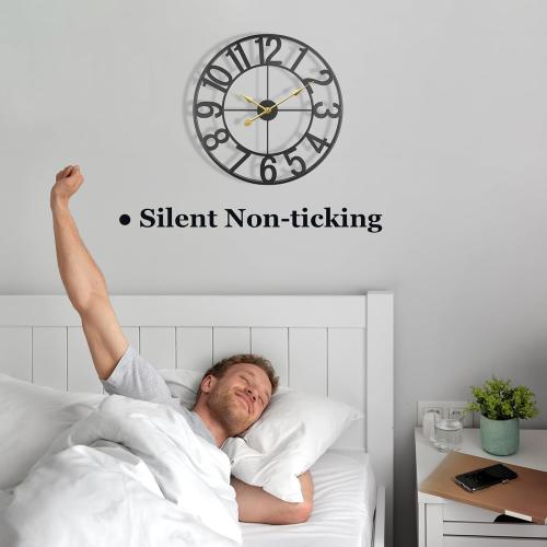 Large Outdoor Clock, Silent Non-Ticking Battery Operated Outdoor Wall Clock, Black Modern Metal Wall Clock for Patio, Porch, Pool Area, Kitchen, Bedroom, Living Room, Farmhouse Decor - 16 Inch