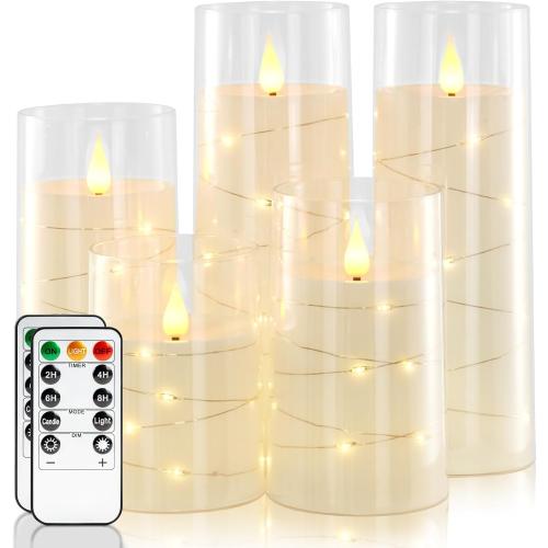 Homemory Pure White Flameless Candles with Embedded Star String Fairy Lights, Battery Operated Candle, LED Candles, Fake Candles with Remote Control and Timer, Set of 5(H4 5 6 8 8)