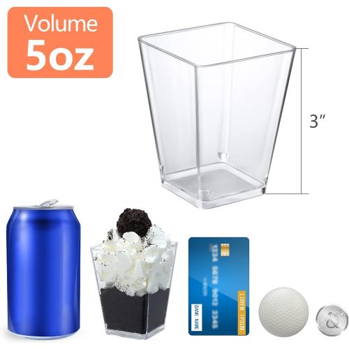 200Pack Clear SHOPDAY 5Oz-Plastic-Dessert-Cups: 200 Pack Square-Clear-Parfait-Cup-with-Spoons, Appetizer-Cup Small-Plastic-Mini-Shooter-Cups for Party Yogurt Mousse