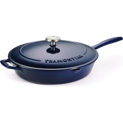 Tramontina Bestow Enameled Cast Iron Skillet with Lid, 12-inch Frying Pan, Blue