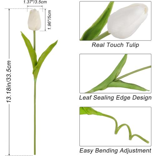 Tulips Artificial Flowers 20 Pcs White Fake Tulip Stems Real Touch PU Tulips for Easter Spring Wedding Bouquet Home Centerpiece Floral Arrangement Table Décor