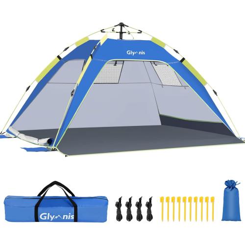 Glymnis Pop Up Beach Tent Sun Shade Shelter for 3-4 Person with UPF 50 , Lightweight & Easy Setup, Vent Windows & Zippered Door, Extended Floor Family Instant Beach Tent