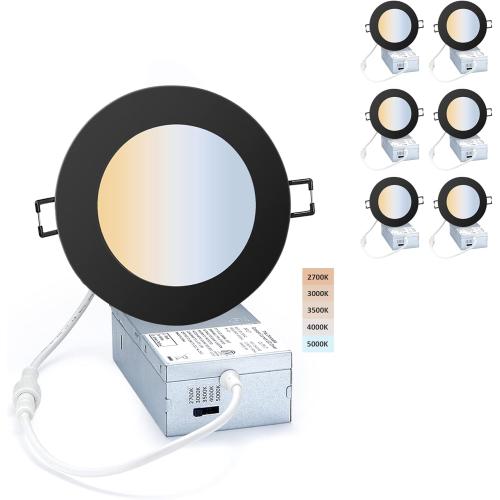 Premium LED-Canless Recessed Lighting 4-inch 5 CCT Adjustable Dimmable Recessed Downlight Fixture, Ceilling Light with Junction Box, 2700-5000K, 9W, Black Finish, 6 Pack