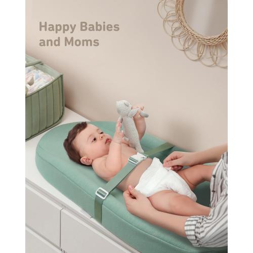 (Color Tan) Contoured Changing Pad with Soft & Washable Cover, Waterproof Lining Foam Baby Changing Table Pads for Dresser Top, Secure with Security Strap and Two High Curved Sides, 32”×16”,
