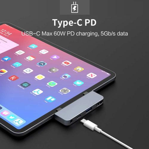 HyperDrive iPad Pro USB C Hub — 4-in-1 USBC Hub w/ 4K30Hz HDMI, USB-C 5Gbps 60W PD, USB-A 5Gbps, 3.5mm Audio Jack — Form-Fitting, Aluminum iPad Docking Station Compatible w/Air & Mini (Space Gray)