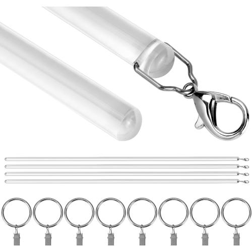 QWORK 40 Inch Clear Acrylic Curtain Pull Wand (4 Pack) with Strong Lobster Hook and Extra Ring Attachments