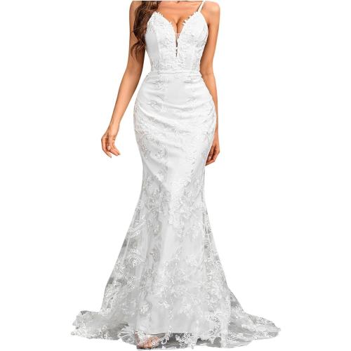 Size M/L ....Lace Mermaid Wedding Dresses for Bride 2024 Summer Beach Tulle Long Bridal Gowns V Neck Backless Bodycon Maxi Dresses
