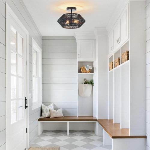 2-Lights Woven Rattan Ceiling Light Fixture, Black Farmhouse Hand-Woven Cage Semi Flush Mount Ceiling Light, Small Boho Coastal Basket Close to Ceiling Light for Bedroom Hallway Nursery Entryway