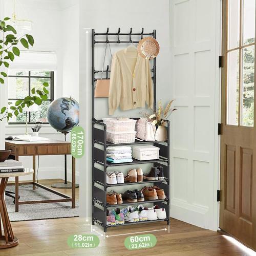 Color Black Size 5 Tier Coat and Shoe Rack,Modern Minimalist Coat Rack with 8 Hooks,Freestanding Entryway Shoe Shelf for Living Room, Hallway, Bedroom Black