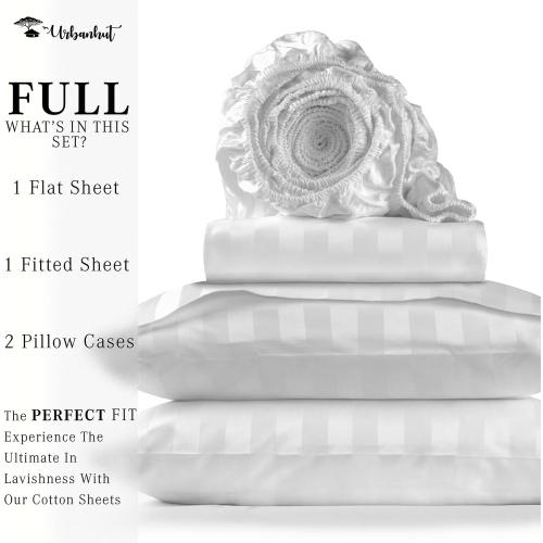 URBANHUT 1000 Thread Count 100% Cotton Damask Full Size Sheets, Long Staple Striped Bedsheet, Luxury Hotel Sateen Weave - Soft & Breathable, Better Than Egyptian, 16 Deep Pocket - White