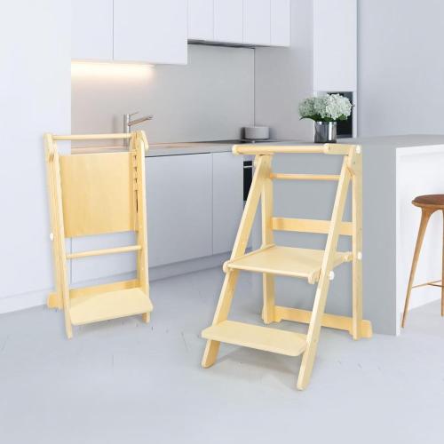Foldable Toddler Learning Standing Tower, WOOD CITY Montessori Kitchen Step Stool Helper with 3 Adjustable Heights Learning Kitchen Tower for Counter and Bathroom Sink (Natural)