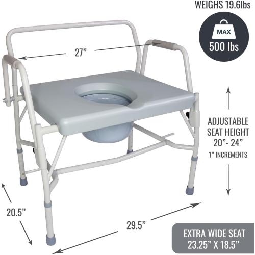 DMI Drop Arm Portable Toilet Commode, Extra-Wide Seat, 500 Pound Weight Capacity, Bucket with Lid Included, Adjustable Legs, Elderly Assistance Products, Grey