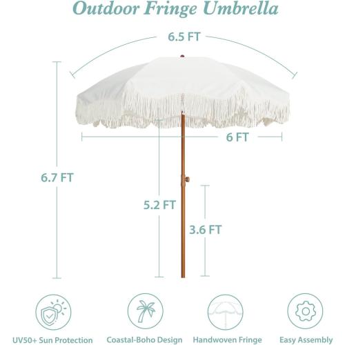 AMMSUN Boho Fringe Umbrella Outdoor Patio, 6.5ft UPF50  Picnic Umbrella with Tassels with Steel Pole and Push Button Tilt, Antique White