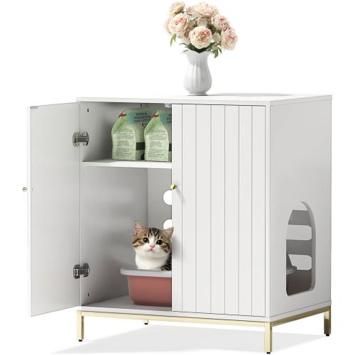 Stylish Cat Litter Box Enclosure, Modern Hidden Litter Box Furniture with Tall Legs, Side Entrance, and Dual Use as End Table for Living Room or Bedroom (White & Gold)