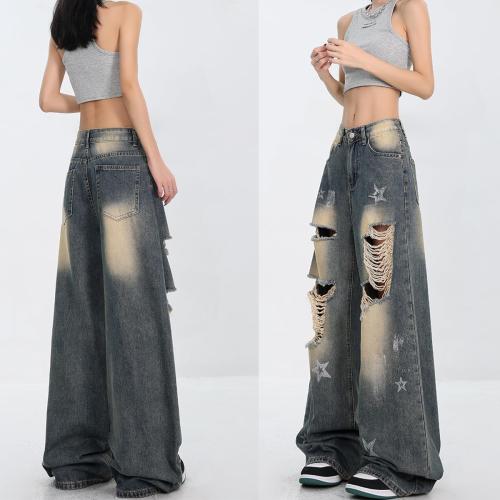 Size S/M Fashion Vintage High Waisted Baggy Wide Leg Ripped Jeans Y2K Star Washed Casual Straight Leg Denim Pants