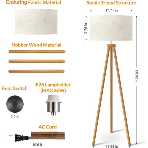 LEPOWER Wood Tripod Floor Lamp, Mid Century Standing Lamp for Living Room, Flaxen Lamp Shade, Modern Design Standing Lamp with E26 Base, Tall Floor Light for Bedroom, Study Room and Office Brown
