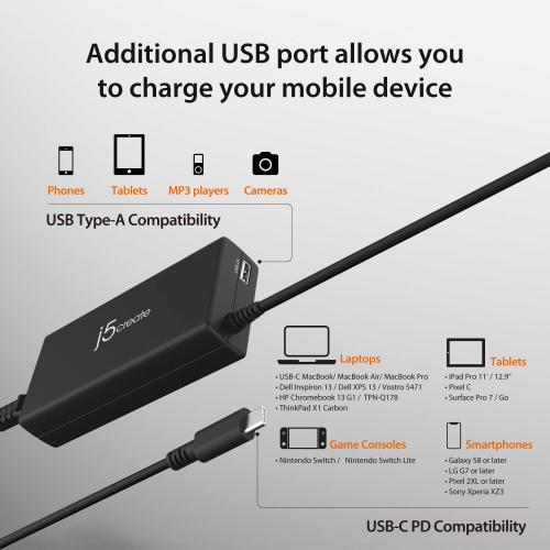 j5create USB Type C PD 100W Fast Charger for MacBook Pro, Chromebook, Laptop, Notebook, Tablet, Android, and iOS Smartphones (JUP2290)