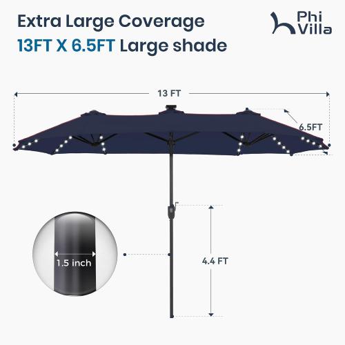 PHI VILLA 13ft Patio Umbrella w/ 120 PCS Color Changing Solar Lights, Navy | Outdoor Triple-Head Large Rectangle/Rectangular Solar-powered Market Table Umbrellas, w/ Crank Lift, for Poolside(No base)