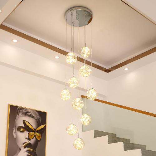 10-Light LED Staircase Chandelier Crystal Ceiling Lights Large Chandeliers for High Ceilings, Entryway Modern Lighting Fixture Villas and Stairs, Adjustable Length 16 W x79H，50W