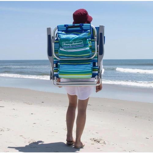Tommy Bahama 5 Position Beach Chair, Towel Bar, Pillow for Extra Comfort, Heavy-Duty Weight Capacity,Safety Locking Hinges on Rear Legs, 2-Pack (Aqua Stripes)