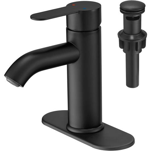 VOTON Matte Black Bathroom Sink Faucet, Single Handle Stainless Steel for 1 or 3 Hole Faucet for Bathroom Sink with Deck, Pop-up Drain and Supply Hoses