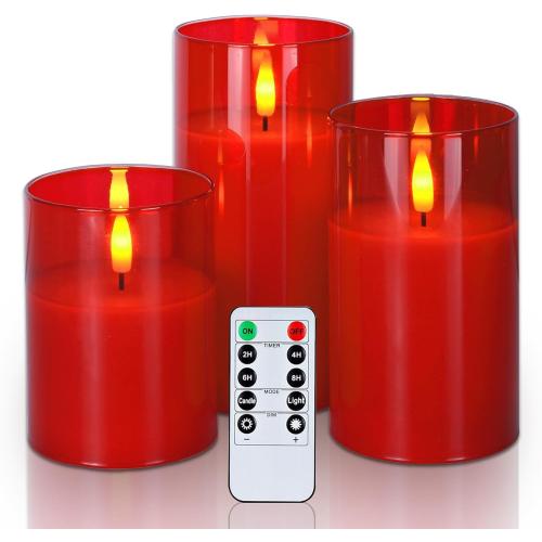 Amagic Christmas Glass Flameless Candles with Remote, Real Wax Pillar Candles Batter Operated with Timer, Red LED Fake Candle for Thanksgiving Decor, Set of 3, D3 xH4 5 6