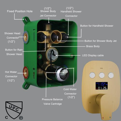 12Inch Brushed Gold Ceiling Shower System & 8Inch Wall-Mount Shower Faucet Set, 2 in 1 Handheld with Adjustable Slide Bar Included Temperature Display Valve and Trim Kit Can Work At Once