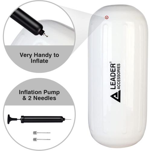Leader Accessories Boat Fender 4 Pack Boat Bumpers Hole Through Middle Ribbed Inflatable Includes 3/8'' Fender Lines Pack od 4 and Pump to Inflate