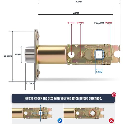 Adjustable Deadlatch 2-3/8'' or 2-3/4'', Keyed Entry Door Lock 45° Turning Angle Replacement Latch and Strike with Dust Box,Smart Door Lock Deadlatch