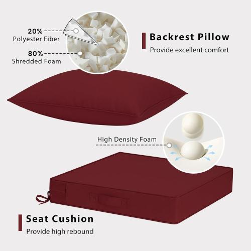 Outdoor Chair Cushions 22x22, Patio Furniture Cushions with Removable Cover, Outdoor Deep Seat Cushion Set with Ties and Handle, Waterproof Outdoor Cushions for Chair Sofa Couch, Burgundy