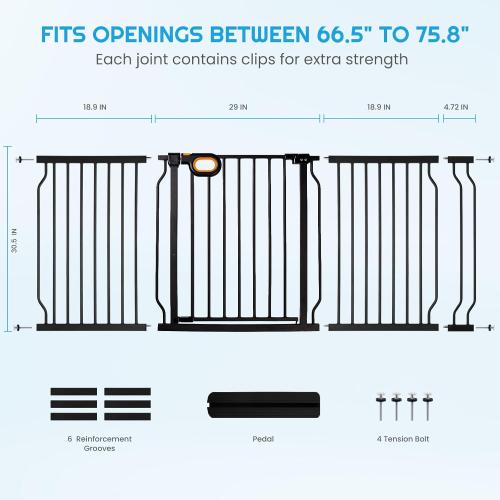 Owlie Baby Gate with Door 66-75 Inch, Extra Wide Stair Gates for Kids Adjustable Wide Dog Pet Gate Stairway Large Baby Gates Pressure Mount for Pets for House Stairway Doorway Black (30.5'' Tall)