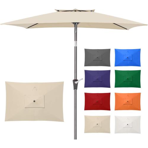 6.6 x 10 ft Rectangular Patio Umbrella, Outdoor Market Table Umbrella with Push Button Tilt and Crank, Double-Tier Vent, 6 Ribs, Rectangle Patio Umbrella for Backyard, Deck, Pool, Fits 4–6 Chairs and Tables (Beige)