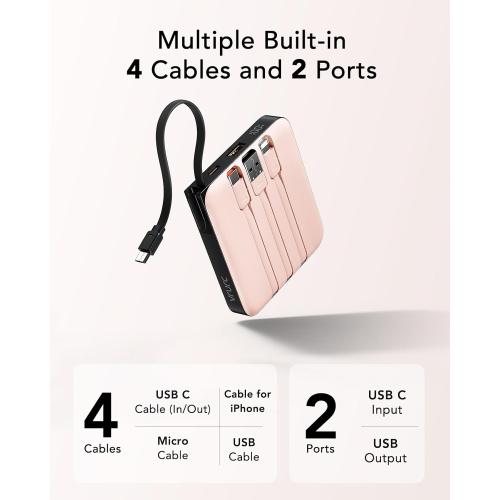 VRURC Mini Portable Charger, 22.5W USB C Fast Charging 10000mAh Pocket Power Bank with Built-in Cable, Battery Pack for iPhone 16 15 14 13 Samsung Galaxy S23 S22 Google Android, Pink(1 Pack)