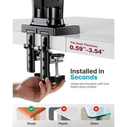 HUANUO Dual Monitor Stand - Full Adjustable Monitor Desk Mount Swivel Vesa Bracket with C Clamp, Grommet Mounting Base for 13 to 32 Inch Computer Screens - Each Arm Holds 4.4 to 19.8lbs