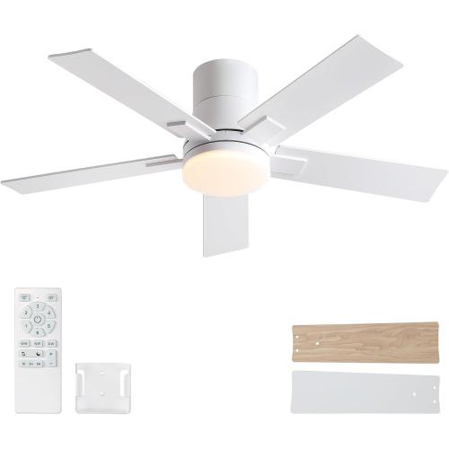 42 Inch Ceiling Fans with Lights and Remote,Flush Mount White Ceiling Fan with 5 Blades,6 Speed Reversible DC Motor,3CCT Dimmable LED-Low Profile Design for Bedroom, Living room & Covered Outdoor