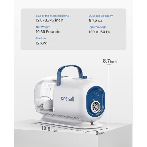 oneisall Dog Vacuum & Dryer for Shedding Grooming, 8 in 1 Dog Grooming Kit with Metal Blade Pet Clippers, Adjustable Speed and Temperature Control Blower