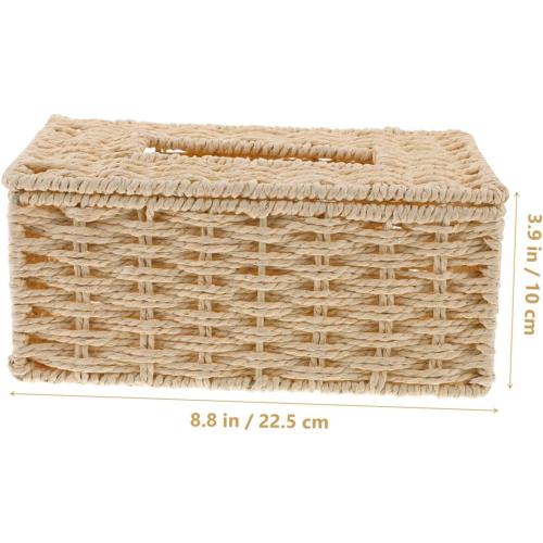 Woven Paper Rope Tissue Box Holder, Handmade Rattan Napkin Storage Basket, Beige Decorative Tissue Cover for Home Office Bathroom