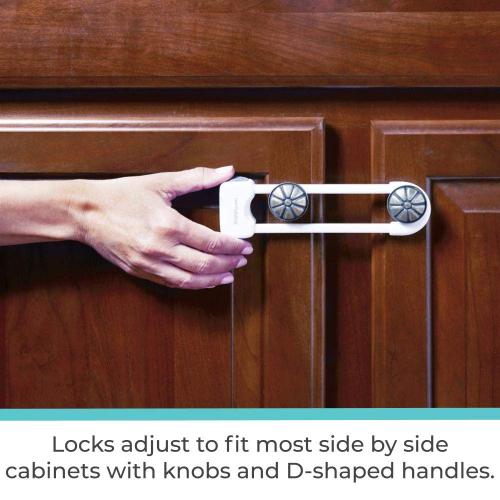 Toddleroo by North States Sliding Cabinet Locks | Keep Side by Side cabinets Safely and securely Closed | Works on Cabinet Handles up to 4.5 Apart | Baby proofing with Confidence (2-Pack, White)