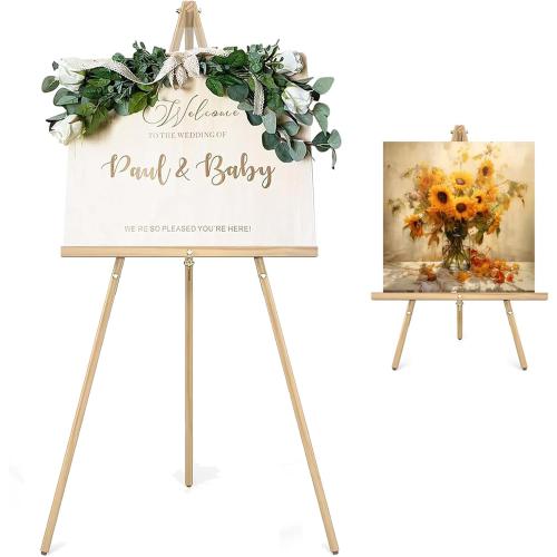 Wooden Easel Stand for Sign,63 Portable Painting Easel, Adjustable Poster Stand with Tripod Easel for Painting, Wedding Sign, Drawing, Canvas, Display Show (Natural)