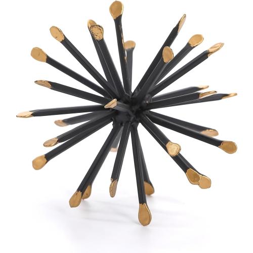 Black & Gold Sphere Decor, Metal Starburst Table Shelf Decor, Geometric Decorative Objects for Shelves, 3D Spike Decor Sculpture Home Decor Accents, 4.3”