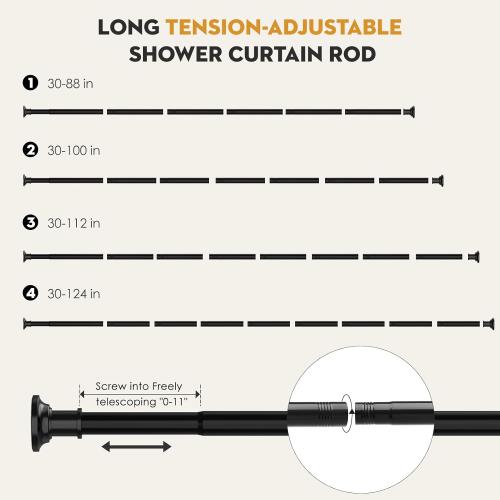 Black Tension Shower Curtain Rod 1.1 Diameter Heavy Duty Stainless Steel Adjustable Spring Tension Rods 30 to 88 inch No Drill Shower for Bathroom Windows Outdoor No Slip No Rust