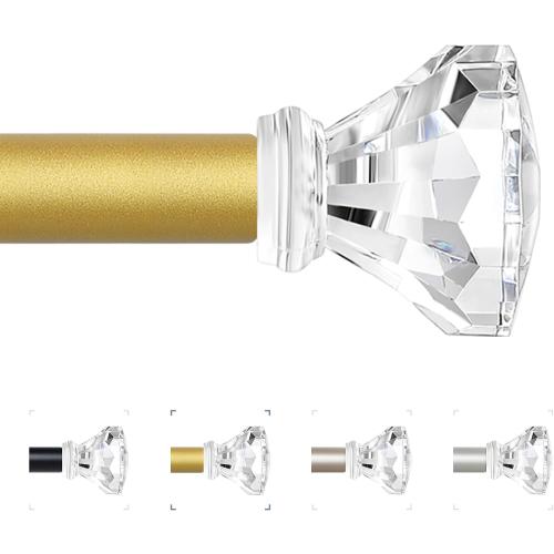 Gold Decorative Crystal Curtain Rods 18 to 45 Inch:Heavy Duty Adjustable Window Curtains Rods for Living Room Bedroom,Brass Gold Modern Girly Acrylic Drapery Rod with Clear Bling Diamond Finial