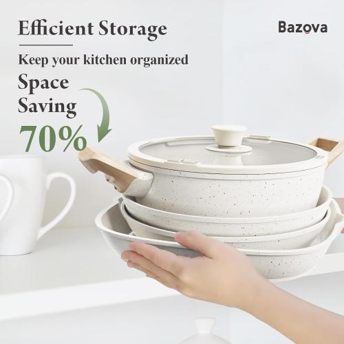 Bazova 19 Pcs Pots and Pans Set Non Stick Ceramic Cookware Set with Removable Handles, Non Toxic Induction Kitchen Cookware Sets RV Cookware,Dishwasher/Oven Safe PFAS/PTFE/PFOA Free (THE COLOR IS BLACK)