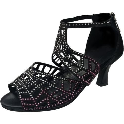 Sandals for Women Zip Back Rhinestone Cutout Peep Toe Dance Shoes Heels Rhinestone Sandals Heels for Women (Black,8.5)